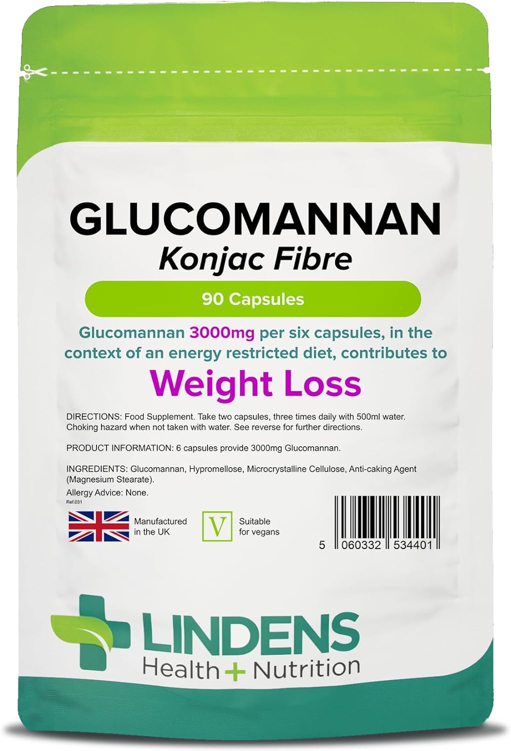 Lindens Glucomannan (Konjac Fibre) Capsules - 3,000mg Per Serving - 90 Pack - Weight Loss Aid - Contributes Towards The Reduction of Appetite - Weight Loss Supplement - Letterbox Friendly