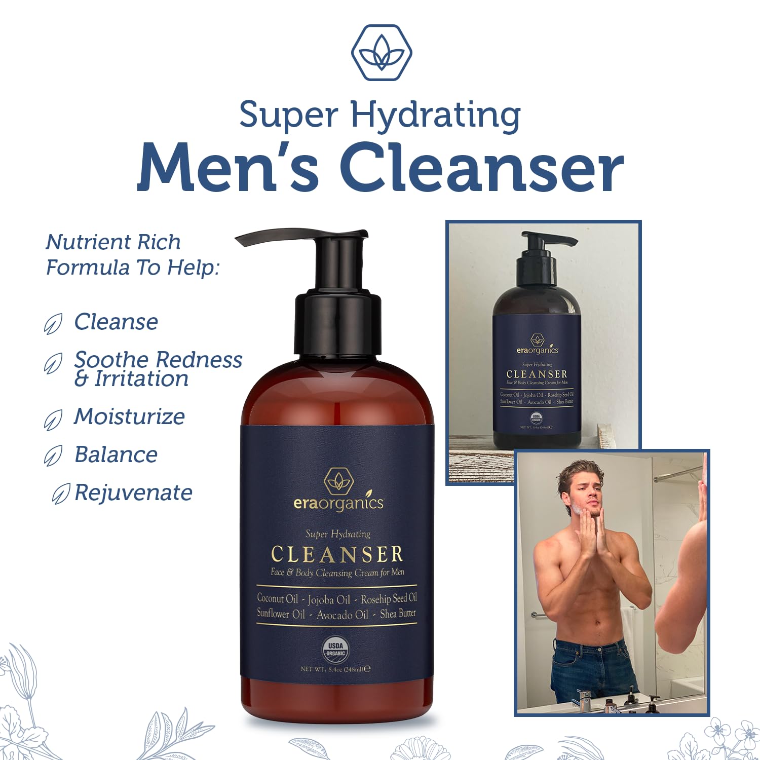 Era Organics USDA Organic Men's Face Wash - Nourishing and Hydrating Facial Cleanser and Organic Body Wash for Smoother Skin : Beauty & Personal Care