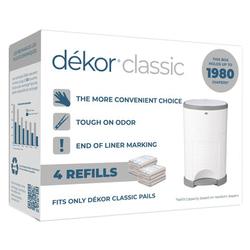 Diaper Dekor Classic Diaper Pail Refills | 4 Count | Most Economical Refill System | Quick & Easy To Replace | No Preset Bag Size Use Only What You Need | Exclusive End-Of-Liner Marking