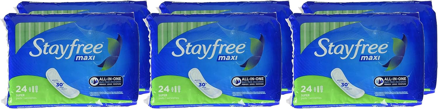 Stayfree Stayfree Maxi Pads, Super, Wingless, 24 Count, Pack of 6, 24 Count (Pack of 6), 24 Count : Health & Household