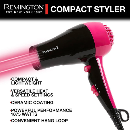 Remington Compact Styler - Small & Portable Hair Dryer - Ceramic Blow Dryer With 2 Heat/Speed Settings & Cool Shot Button For Smooth Finish - Travel Size Lightweight Handheld Dryer, 1875W