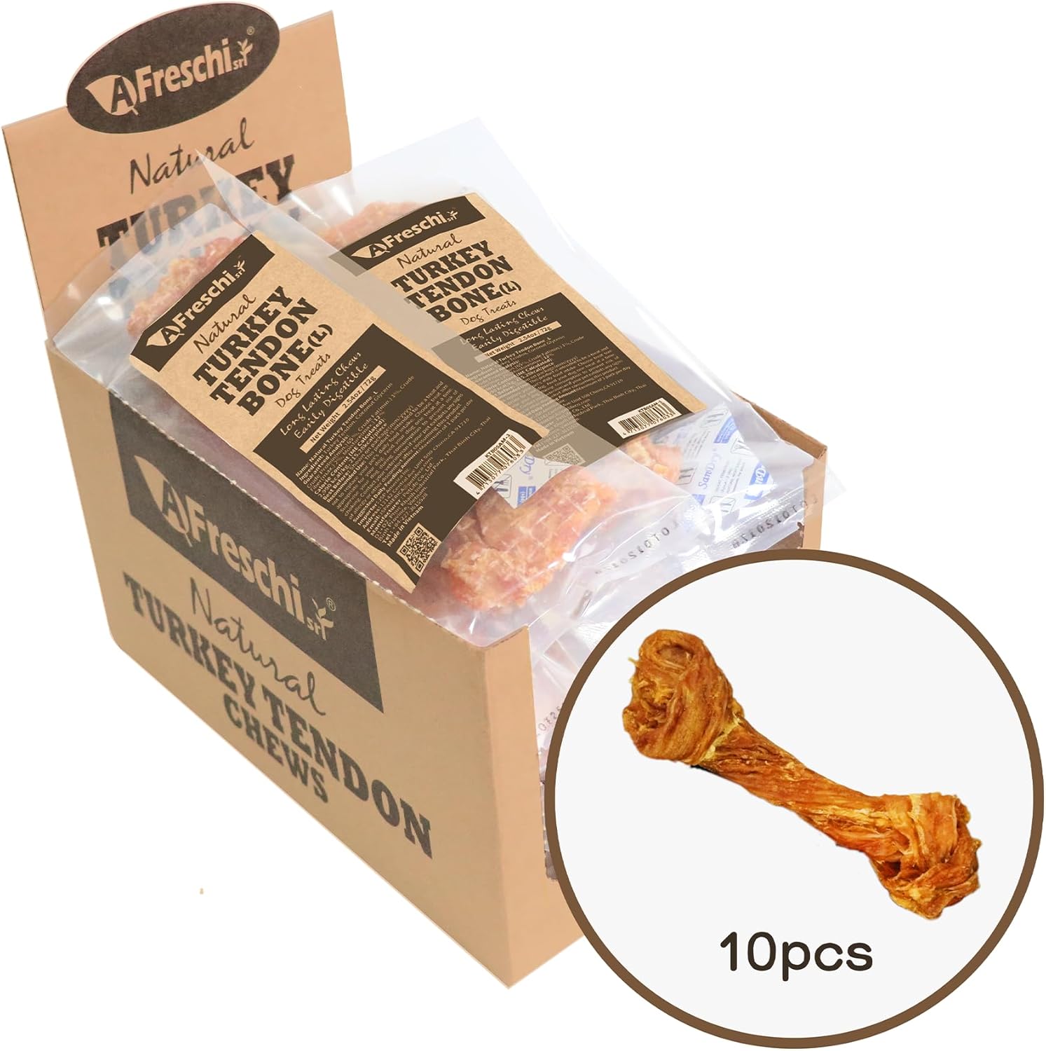 Afreschi Turkey Tendon For Dogs, Dog Treats For Signature Series, All Natural Human Grade Puppy Chew, Ingredient Sourced From Usa, Rawhide Alternative, 10 Units/Box Bone (Large)