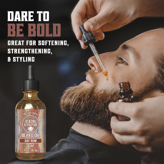 Viking Revolution Bay Rum Beard Oil For Men - Natural Softener And Conditioner With Argan & Jojoba Oils For Strengthening And Moisturizing