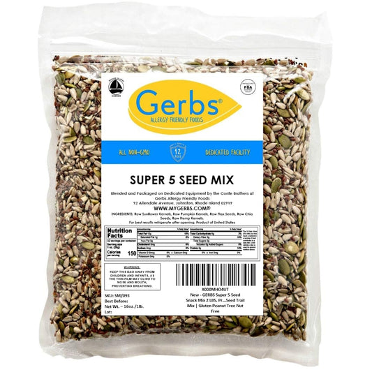 GERBS Super 5 Seed Snack Mix 1 LB. Premium Grade | Top 14 Food Allergy Free | Resealable Bulk Bag | Made in USA | Raw Pumpkin Sunflower Chia Hemp Flax Seed Trail Mix | Gluten Peanut Tree Nut Free