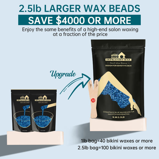 Lifestance 2.5lb Wax Beads Kit, Chamomile Hard Wax Beans For Hair Removal Brazilian Bikini Face with 30 Applicators Painless Waxing for Fine Coarse Hair Women Men Large Refill for Wax Warmers at Home