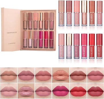 Beliky Girl 12 Colors Nude Liquid Lipstick Makeup Set Matte Velvet Non-Stick Cup Not Fade Long-Lasting Waterproof Pink Lip Gloss High Shine Lip Plumping Glass Finish Lipstick Set Gift Kit For Women