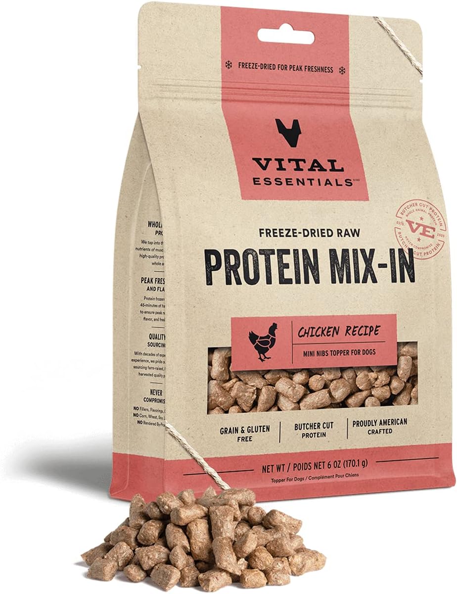 Vital Essentials Freeze Dried Raw Protein Mix-In Dog Food Topper, Chicken Mini Nibs Topper For Dogs, 6 Oz