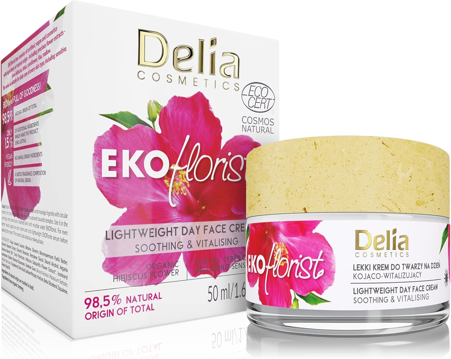 Delia Cosmetics - Ekoflorist - Soothing & Vitalizing Day Cream - Light Formula - Vegan, Natural Cosmetic - Shea Butter, Argan Oil And Hibiscus Extract - Moisturized, Nourished Skin - Anti Aging - 50Ml