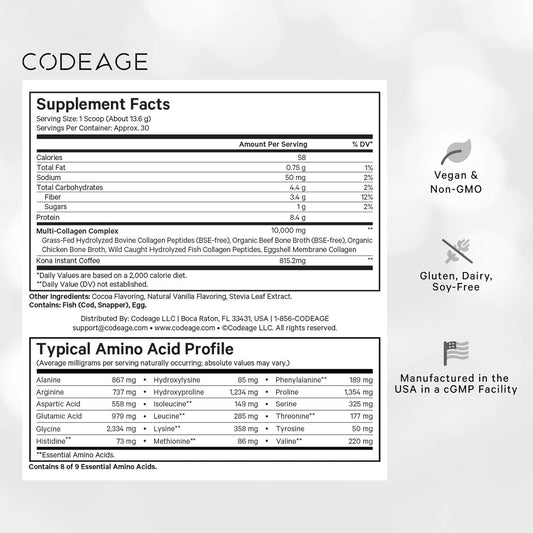 Codeage Multi Collagen Chocolate Protein Powder - Hydrolyzed Bovine Collagen Peptides, 5 Collagen Types & Mct Oil - Collagen Creamer, Chocolate Collagen Peptides - Protein Shakes - Non-Gmo - 18.17 Oz