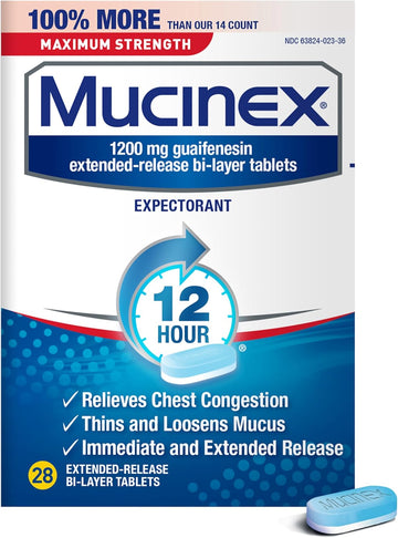 Mucinex Maximum Strength 12 Hour Chest Congestion Expectorant Relief Tablets, 1200 Mg, Thins & Loosens Mucus, 28 Count