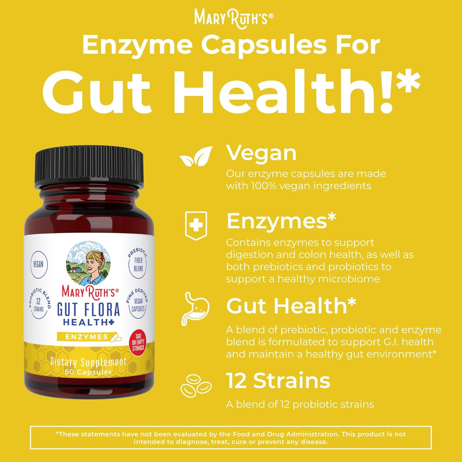 MaryRuth Organics Gut Flora Health+ Enzymes | Up to 2 Month Supply | Prebiotic Probiotic Digestive Enzymes Blend for Healthy Gut Biome & Digestive Support | Gastrointestinal Health | 60 Capsules : Health & Household