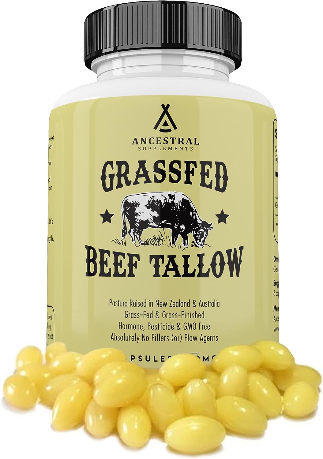 Ancestral Supplements Grass Fed Beef Tallow Capsules, 3000mg, Nourishing Kidney Fat Supplement Supports Bones, Teeth, Gums, Skin, Immune and Overall Health, Non-GMO, 180 Capsules