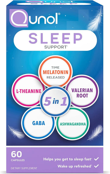 Qunol Sleep Support, 5-in-1 Sleep Aid, with time-released Melatonin, Ashwagandha, GABA, Valerian Root, L-Theanine, capsules, 60 ct