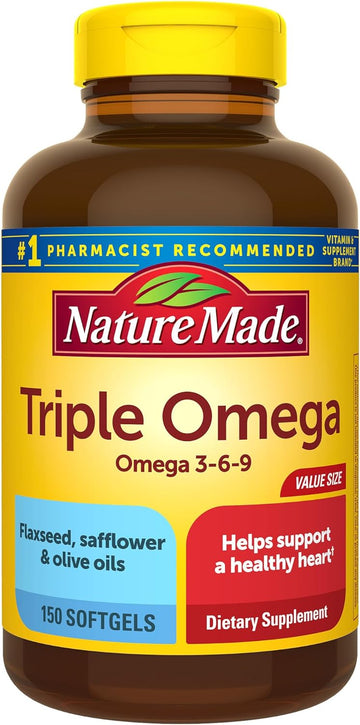 Nature Made Triple Omega 3 6 9, Flaxseed, Safflower, & Olive Oils, Healthy Heart Support, Fish Free Omega 3 Supplement, 150 Softgels, 75 Day Supply