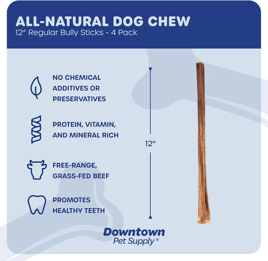 Downtown Pet Supply 12-inch Bully Sticks for Large Dogs, Pack of 4 - Single Ingredient, Rawhide Free Dog Chews for Aggressive Chewers - Nutrient-Rich and Odor Free Bully Sticks for Dogs - Beef