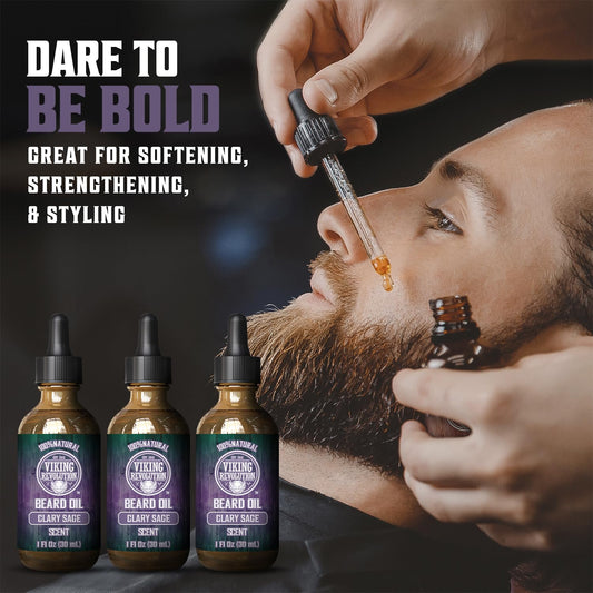 Viking Revolution Beard Oil For Men - Natural Blend With Argan, Jojoba And Clary Sage - Softens, Strengthens, Moisturizes And Conditions Beards (3 Pack)