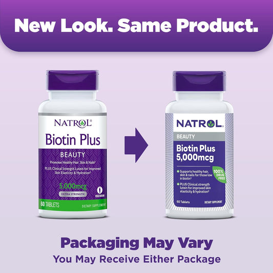 Natrol Beauty Biotin Plus Lutein 5,000 mcg, Dietary Supplement to Support Healthy Hair, Skin and Nails, 60 Beauty Tablets for Adults, 60 Day Supply