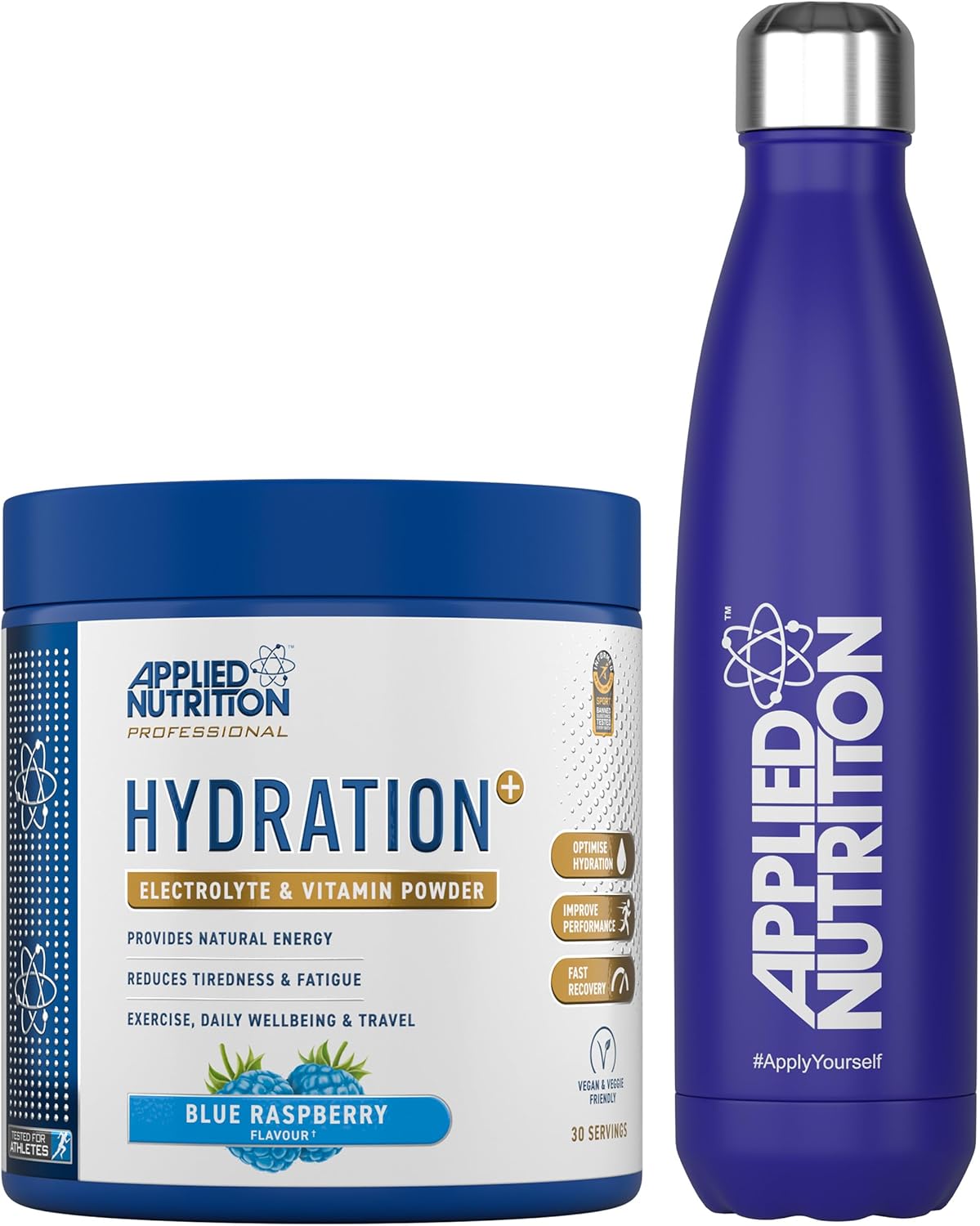 Applied Nutrition Hydration Electrolyte & Vitamin Powder + Blue Steel Flask 500Ml- Natural Energy & Reduces Tiredness & Optimise Hydration (240G - 30 Servings)(Blue Raspberry)