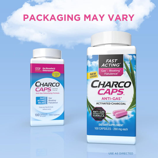 Charcocaps Fast Acting Gas Relief For Bloating & Flatulence, Drug Free Detoxifying Activated Charcoal Formula, 100 Capsules, 30 Day Supply, Pink