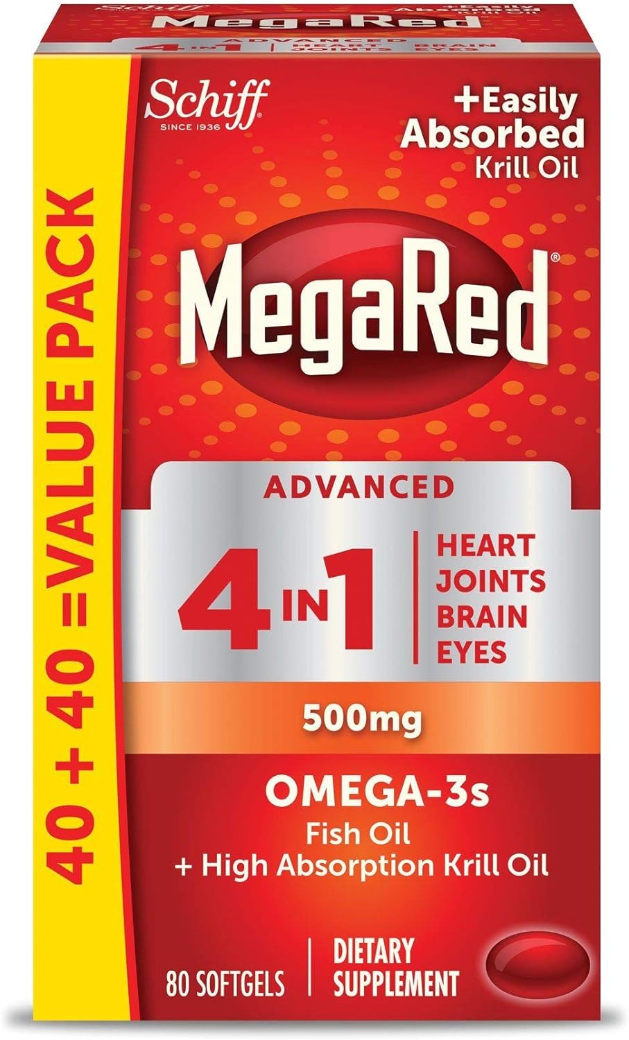 MegaRed Advanced 4 in 1 Omega-3 Fish Oil + Krill Oil, 80 Softgels (Pack of 2)