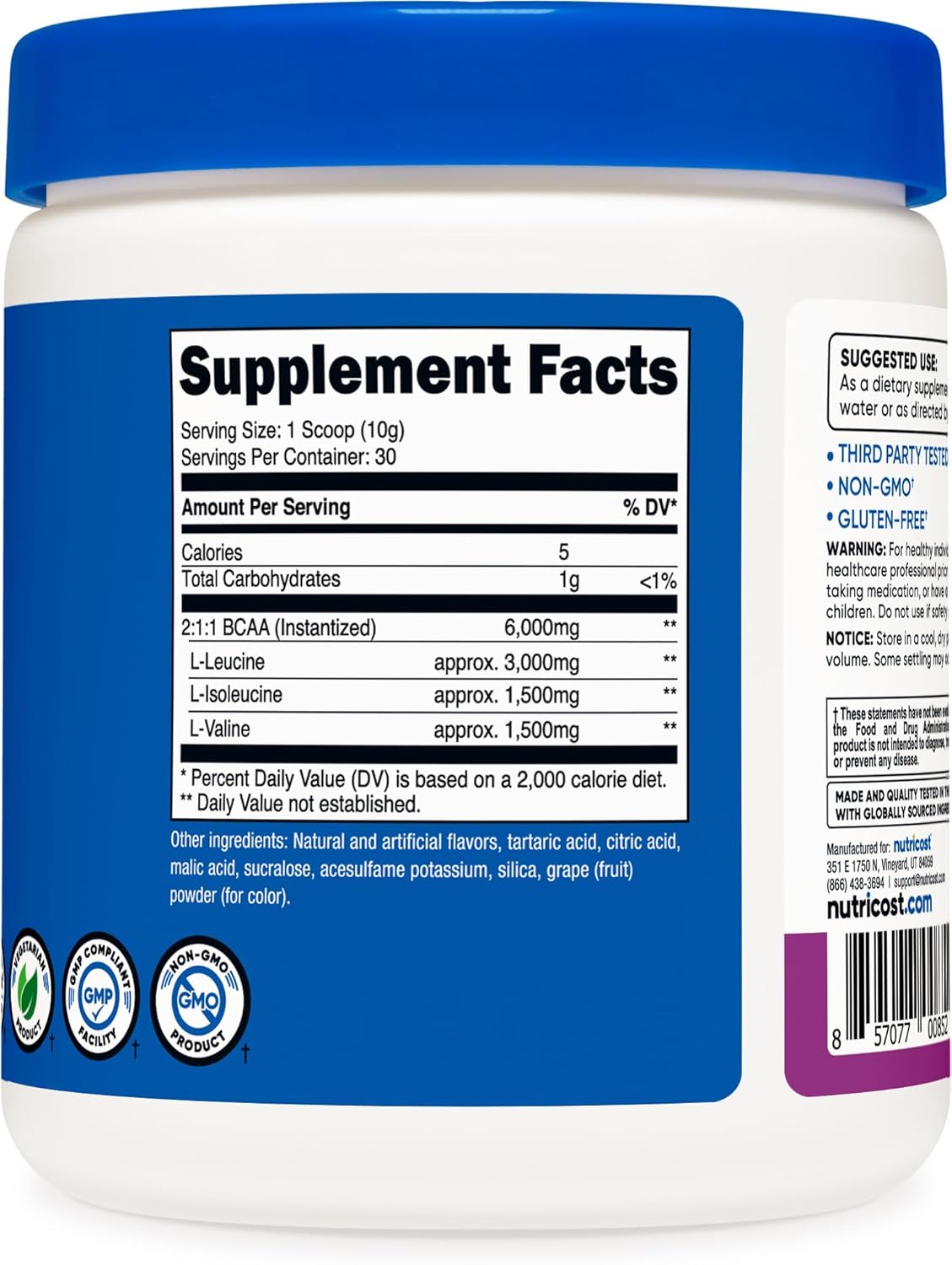 Nutricost BCAA Powder (Grape, 30 Servings) - Optimal 2:1:1 Ratio, Vegetarian, Non-GMO : Health & Household