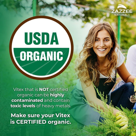 Zazzee Usda Organic Vitex, 500 Mg Strength, 120 Vegan Capsules, 4 Month Supply, Standardized And Concentrated 4X Extract, Whole Usda Certified Organic Chaste Berry, All-Natural And Non-Gmo