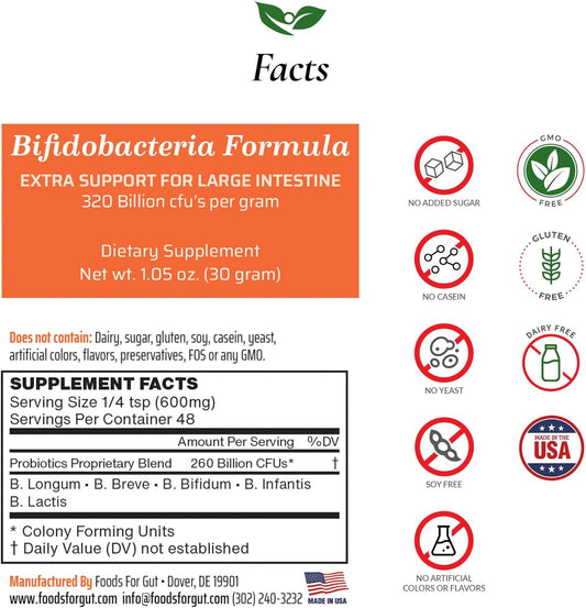 Bifido Formula 320 Billion Cfu'S | Made In Usa | Digestive & Immune Support | May Help Leaky Gut Repair | 30 Grams (1.05 Oz)