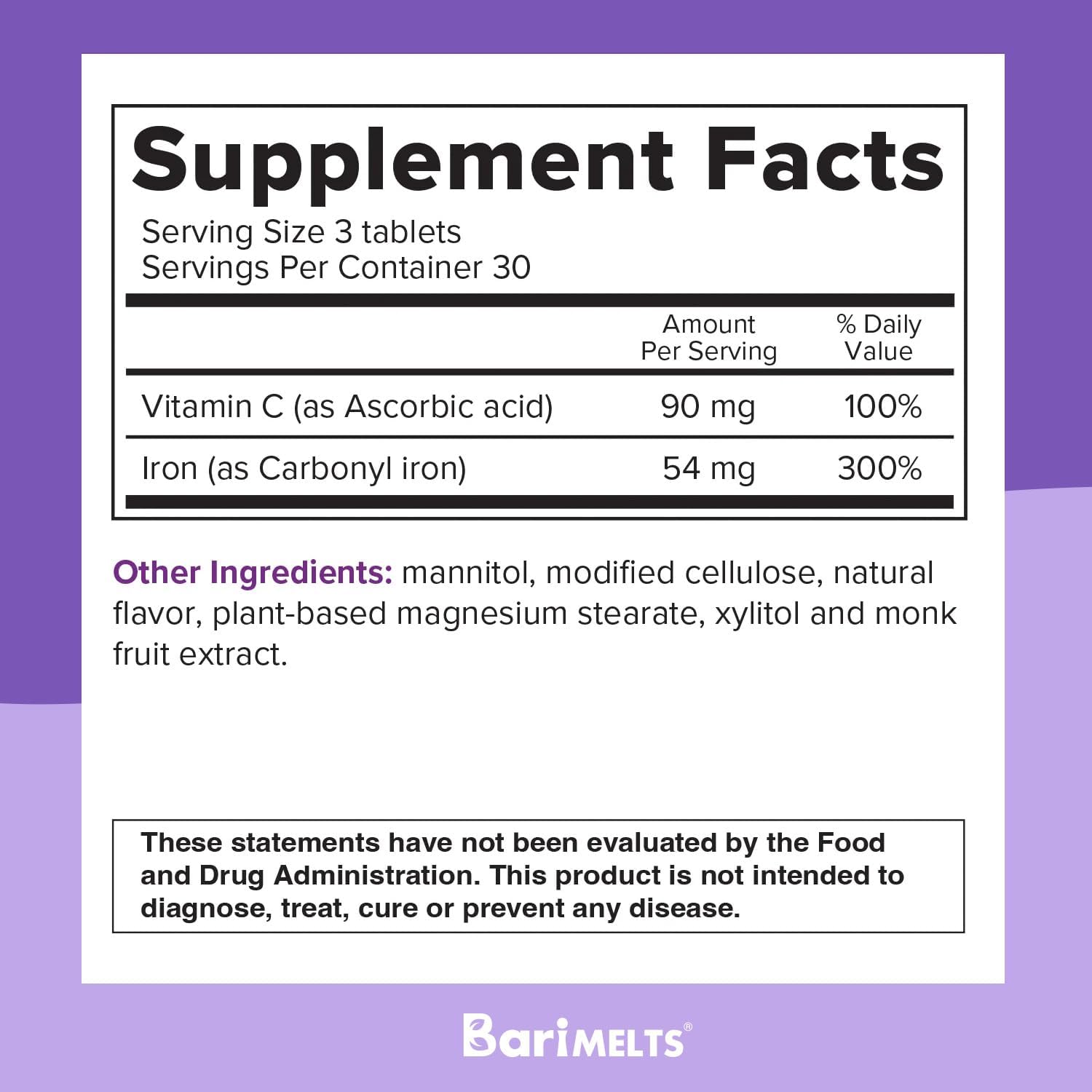 BariMelts Iron Supplement with Vitamin C - 1 Month Supply (90 Fast-Dissolving Tablets) - Post-Op Bariatric Vitamins : Health & Household