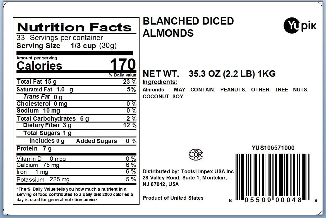 Yupik Blanched Diced Almonds, 2.2 Lb, Kosher, Unsalted, Skinless, Oil-Free, Chopped Nuts, Crunchy Snacks, Source Of Fiber, Nut Topping & Inclusion, Ideal For Baking & Cooking