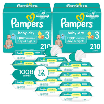 Pampers Baby Dry Disposable Baby Diapers Size 3, 2 Month Supply (2 X 210 Count) With Sensitive Water Based Baby Wipes 12X Multi Pack Pop-Top And Refill (1008 Count)