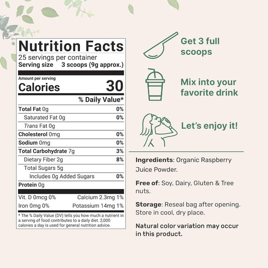 Organic Raspberry Juice Powder, 8Oz | 100% Natural Fruit Powder | Freeze-Dried Raspberries Source | No Sugar & Additives | Great Flavor For Drinks, Smoothie, & Beverages | Non-Gmo & Vegan Friendly