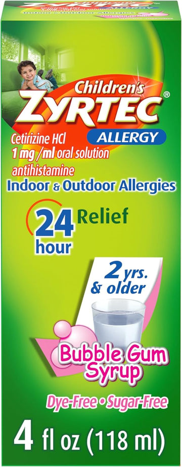 Zyrtec Children'S 24 Hour Allergy Relief Syrup, 5 Mg Cetirizine Hcl Antihistamine, Kids Allergy Medicine For Indoor & Outdoor Allergy Relief, Dye-Free & Sugar-Free, Bubble Gum, 4 Fl. Oz