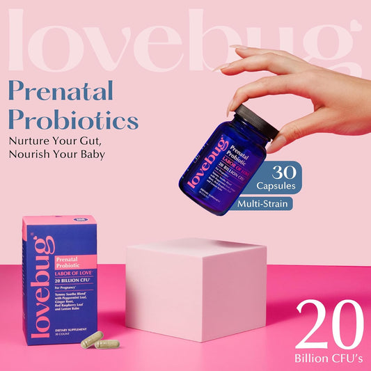 Lovebug Probiotics Fsa Hsa Prenatal Probiotic 20 Billion Cfu Tummy Soothe Blend With Peppermint,Ginger Root,Red Raspberry Leaf & Lemon Balm 60 Count