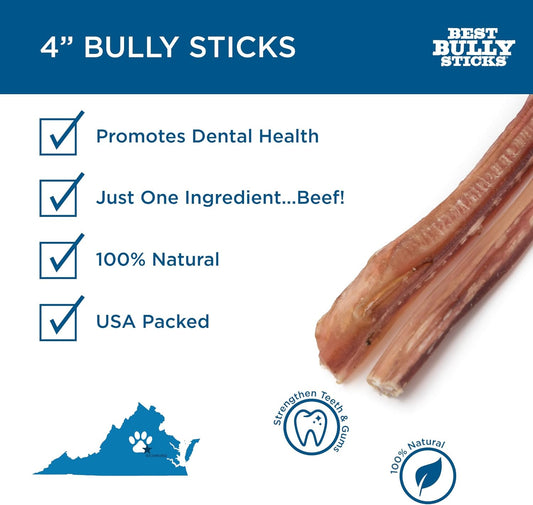 Best Bully Sticks 4 Inch Bully Sticks for Dogs - 100% Natural, Grass-Fed Beef, Dog Bully Sticks for Small Dogs and Puppies - Grain and Rawhide Free Bully Stick Dog Chews | 8 oz