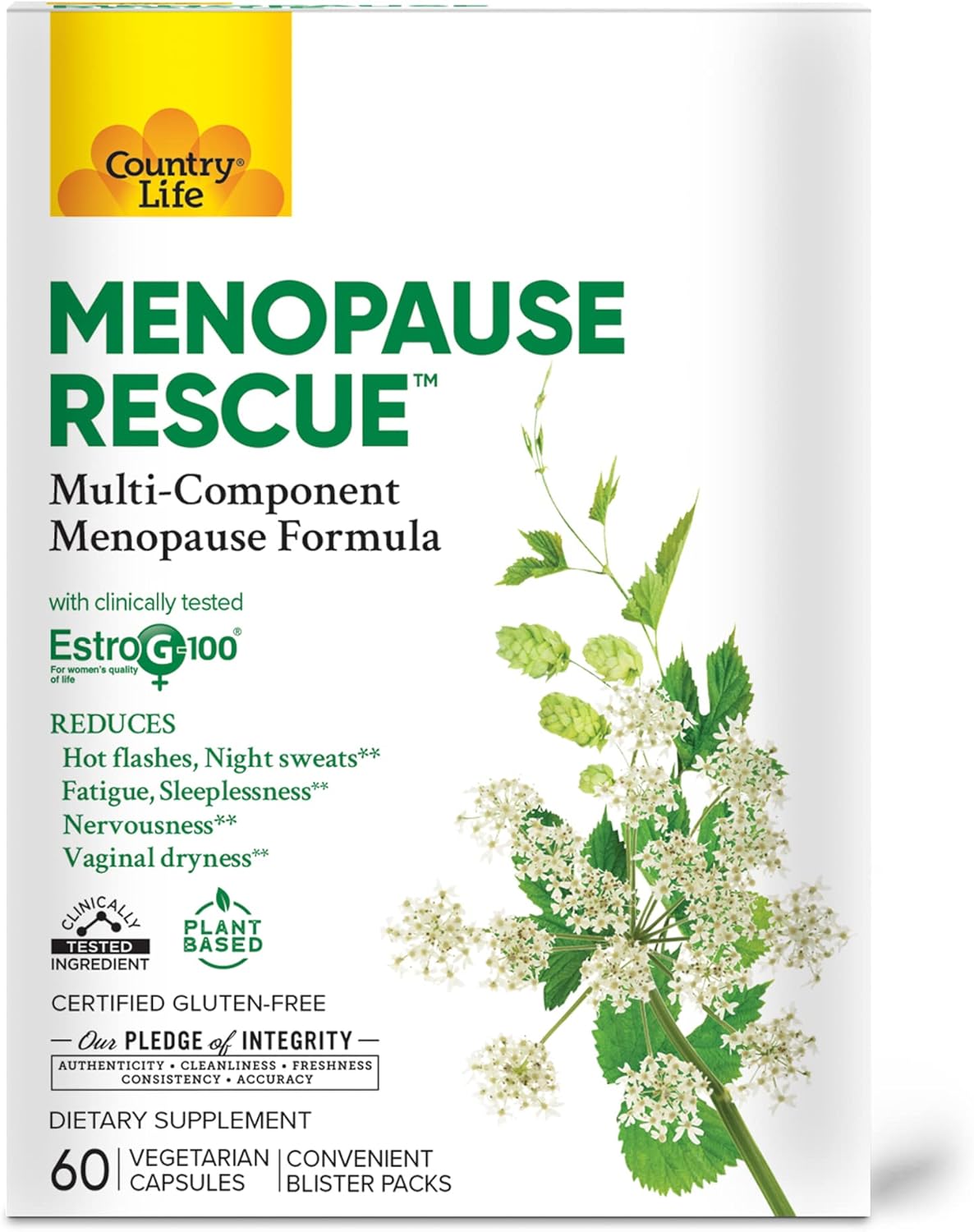 Country Life Menopause Rescue – Multi-Component Menopause Formula – Convenient Blister Packs – Plant Based - Provides Complete Care Of Major Menopausal Symptoms– 60 Vegetarian Capsules