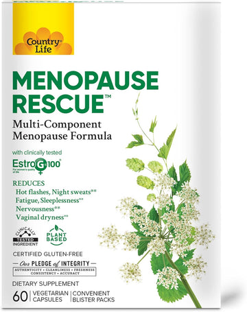 Country Life Menopause Rescue – Multi-Component Menopause Formula – Convenient Blister Packs – Plant Based - Provides Complete Care Of Major Menopausal Symptoms– 60 Vegetarian Capsules