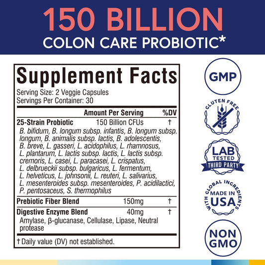 Terranics Daily Probiotics For Men & Women, 150 Billion 25 Strains Colon Care Probiotics, With Prebiotics & Enzymes, Healthy Regularity, Delayed Release, Shelf Stable, 60 Veggie Caps