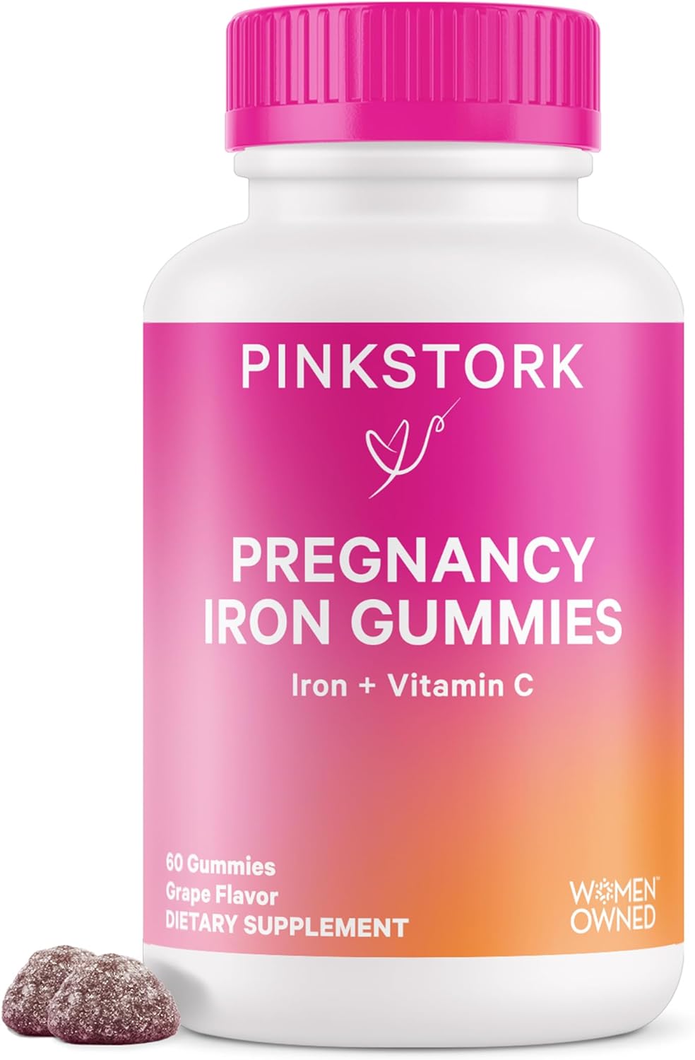 Pink Stork Prenatal Iron Supplement Gummies For Women - 20 Mg Iron Gummy With Vitamin C - Grape Chewable For Iron Deficiency, Energy, & Blood Builder - 60 Gummy Chews