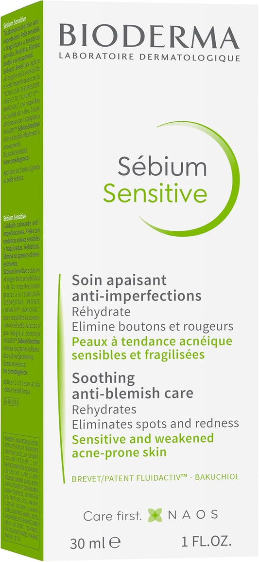 Bioderma Sébium Sensitive - Soothing Moisturiser For Acne Prone Skin, Face Cream Rhydrates Skin, Eliminates Spots & Reduces Redness, 30Ml