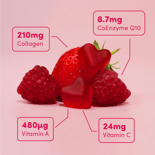 Collagen Peptides Coq10 Vitamin Gummies. Vitamins A C Supplement, Biotin. Supports Collegen Production (60 Chewable Gummy), Beauty Supplements Hair Skin Nails. Red Berries Flavour Women, Men