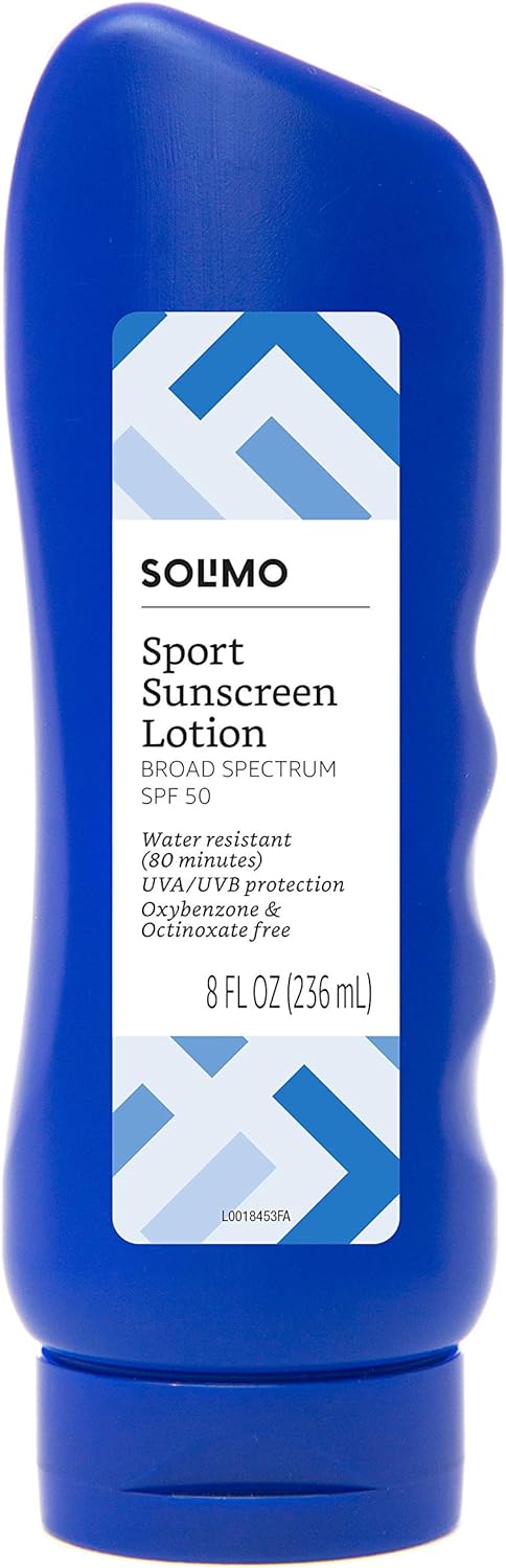 Amazon Brand - Solimo Sport Sunscreen Lotion, Spf 50, Formulated Without Octinoxate & Oxybenzone, Broad Spectrum Uva/Uvb Protection, 8 Fl Oz (Pack Of 1)