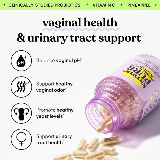 Lemme Purr Vaginal Probiotics for Women - Promotes pH Balance, Healthy Vaginal Odor & Urinary Tract Health w/Lactobacillus Blend, Clinically Tested Strains, Pineapple & Vitamin C - 60 Veggie Capsules