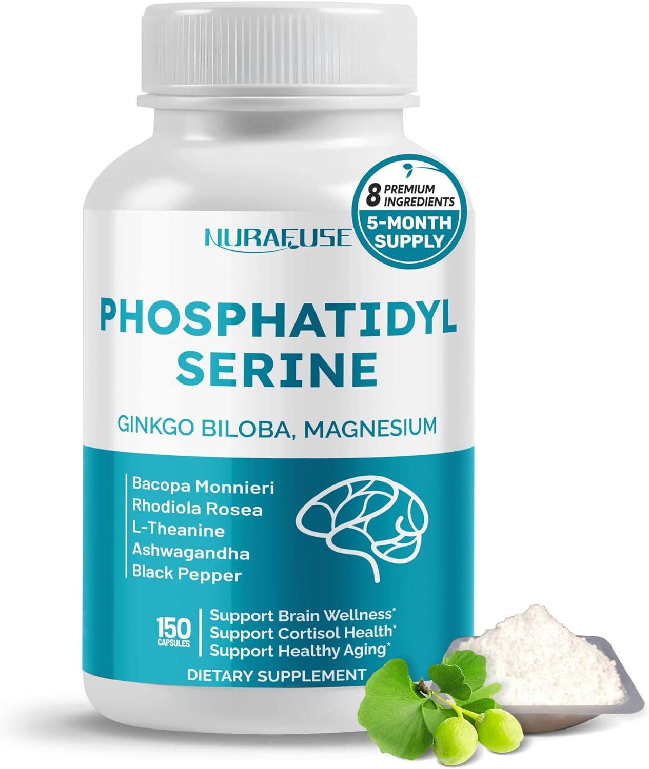 High Potency Phosphatidylserine With Ginkgo Biloba, Magnesium, L-Theanine, Ashwagandha & Black Pepper – Supports Brain Wellness, Cortisol Health & Healthy Aging* – Made In The Usa