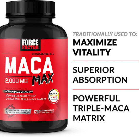 Force Factor Maca Max, Maca Root Capsules to Maximize Vitality & Performance, Made with Black Maca, Red Maca, & Yellow Maca Powder, Maca Root Powder, 2000mg, 120 Capsules