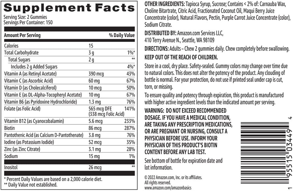 Amazon Basics Adult Multivitamin for Men & Women, 300 Gummies with Vitamins A, C, D, E, B-6 and B-12, 150 Count (Pack of 2) (150 Day Supply) (Previously Solimo) : Health & Household