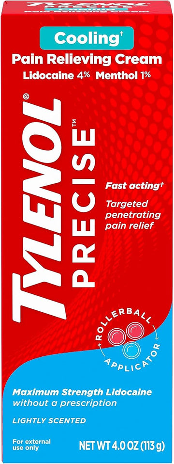 Tylenol Precise Cooling Pain Relieving Cream, Maximum Strength 4% Lidocaine & 1% Menthol Cream For Joint Pain, Fast-Acting, Penetrating Pain Relieving Cream, Light Scent, 4Oz