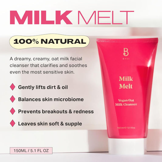 Bybi Beauty Milk Melt Oat Cleanser - Soothing Vegan Facial Cleanser For Sensitive Skin, Dry Skin & Acne-Prone Skin- Hydrating & Calming - Fragrance-Free With A Gentle Lather - 150Ml