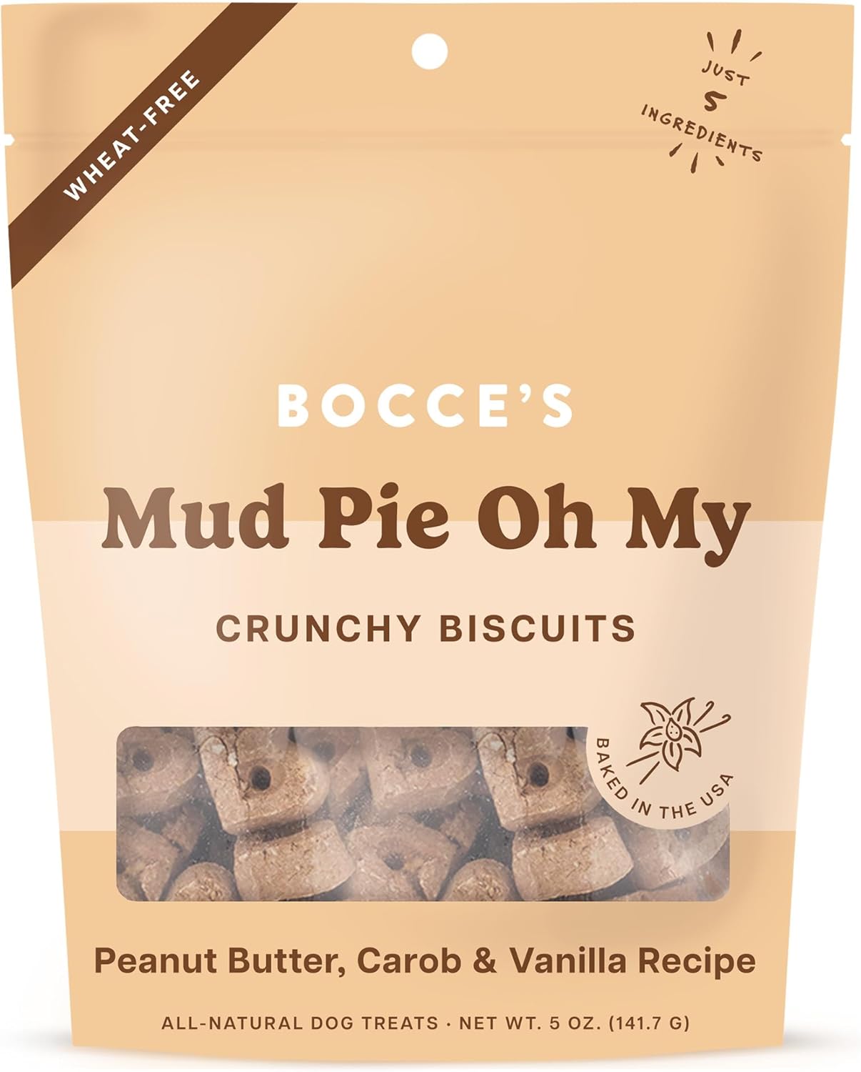 Bocce'S Bakery Oven Baked Mud Pie Oh My Treats For Dogs, Everyday Wheat-Free Dog Treats, Made With Real Ingredients, All-Natural Pb, Carob & Vanilla Biscuits, 5 Oz