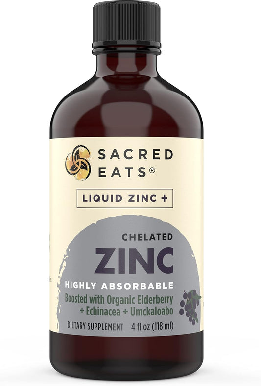 Liquid Zinc (Glycinate Chelate) With Organic Elderberry & Echinacea (High In Quercetin) | 4-In-1 Immune Suport Supplement For Adults & Kids, Great Tasting | Alcohol & Gluten Free, Non Gmo (4.0 Oz)