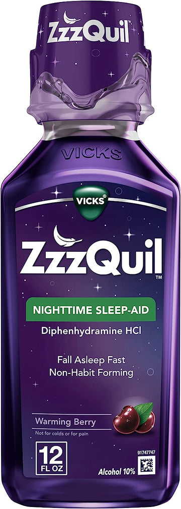 ZzzQuil, Sleep Aid, Nighttime Sleep Aid Liquid, 50 mg Diphenhydramine HCl, Fall Asleep Fast, Non-Habit Forming, Warming Berry Flavor, 12 FL OZ